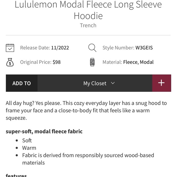 Lululemon Modal fleece long sleeve fleece hoodie trench size 12 - Picture 6 of 16